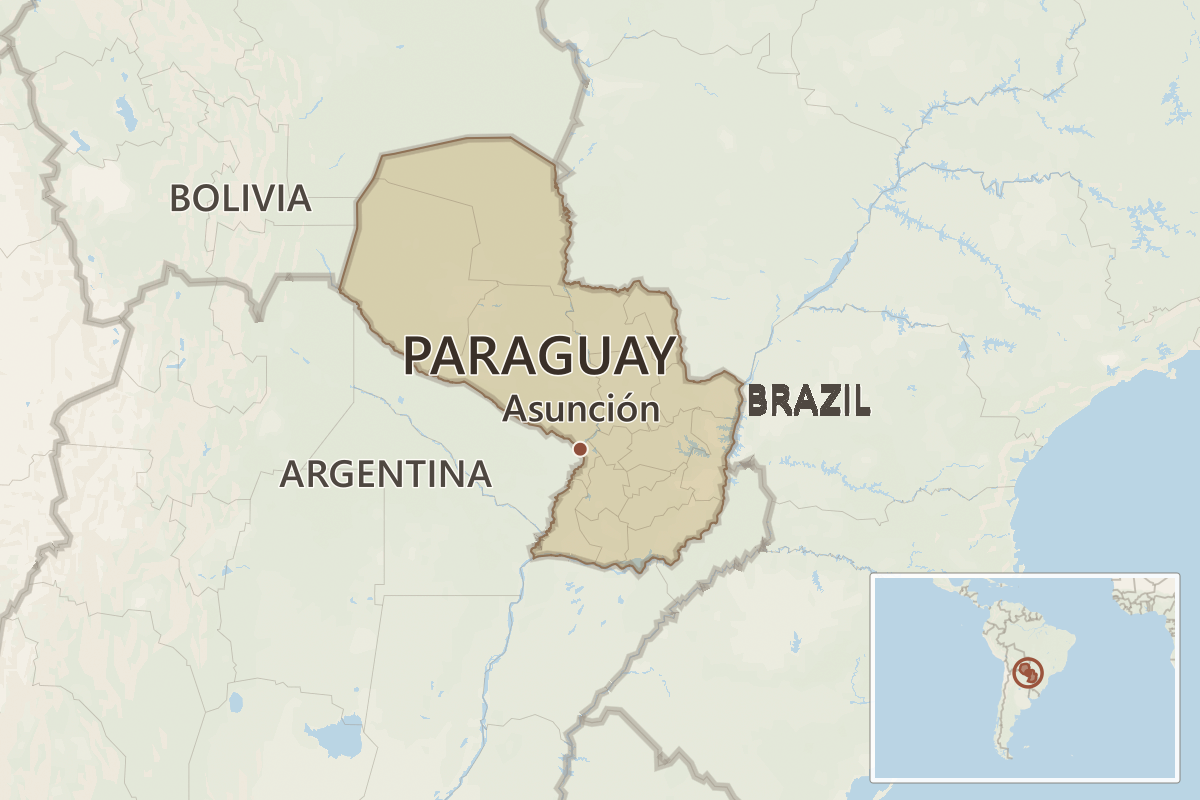 Map of Paraguay showing Asunción, neighbouring Argentina, Bolivia and Brazil, with a South America locator.
