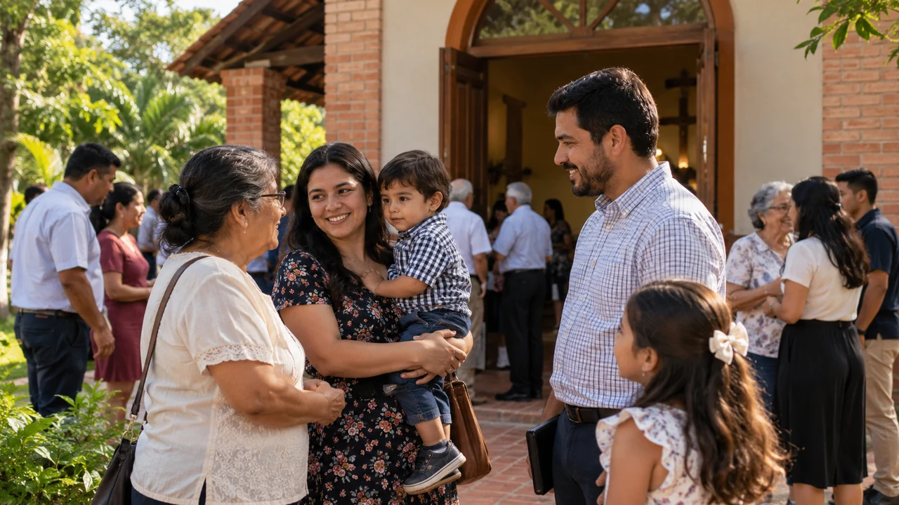 A multigenerational church community talking outside a brick church in Paraguay.