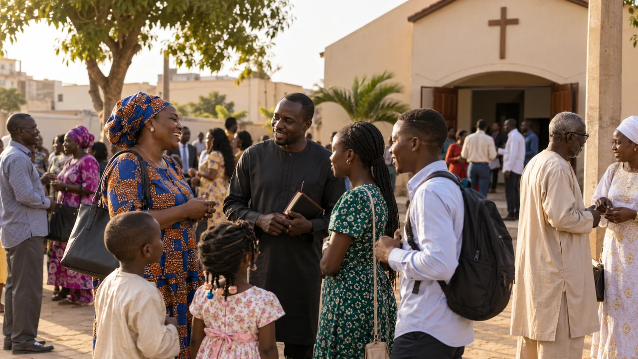 Senegalese Christians of different generations gathering outside a church after worship.