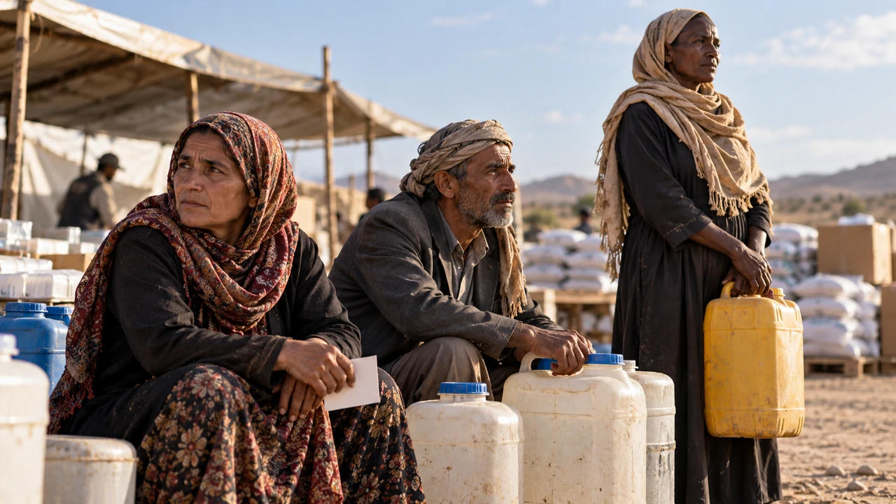 Three adults wait with water containers beside humanitarian relief supplies at a temporary aid distribution point.