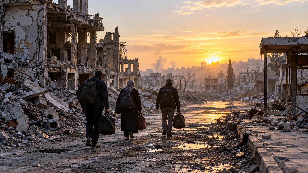 Three adults carrying bags walk through a war-damaged city street at dawn.